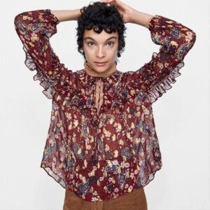 Zara Multicolor Paisley Boho Ruffled Peasant top